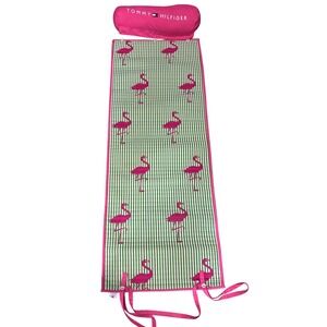 Tommy Hilfiger Pink Flamingo Stripe Beach Mat with Bolster Pillow Green Pink EUC